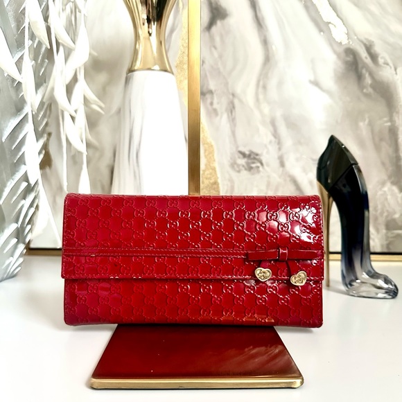 Gucci Handbags - GUCCI Micro Guccissima InterlockingLong Wallet Ribbon Red Enamel